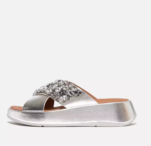 F-MODE Jewel-Deluxe Metallic-Leather Flatform Cross Slides