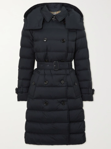 BURBERRY 후드 더블 브레스티드 퀼팅 셸 다운 코트
