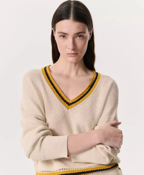Meghan Striped Crochet-Trim V-Neck Sweater