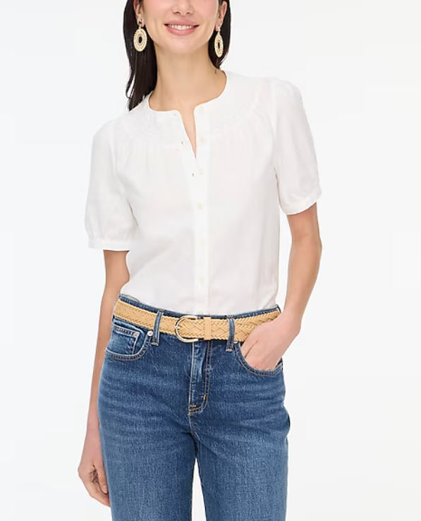 Linen-blend short-sleeve smock-neck top