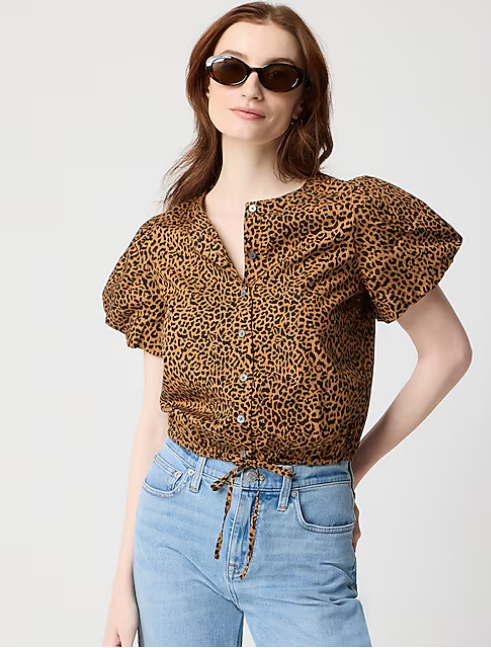 Puff-sleeve tie-waist top