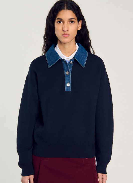 sweater with denim collar