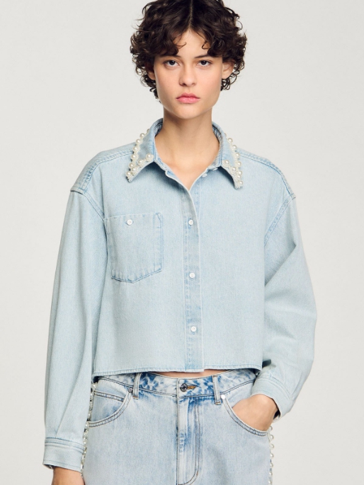 Denim shirt with beaded collar