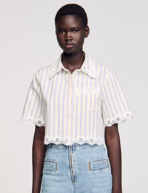 Striped cropped shirt with lace trim