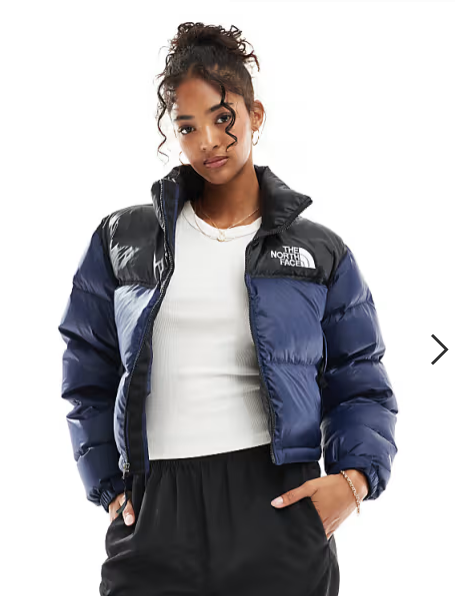 The North Face Nuptse cropped down puffer jacket in summit navy and black