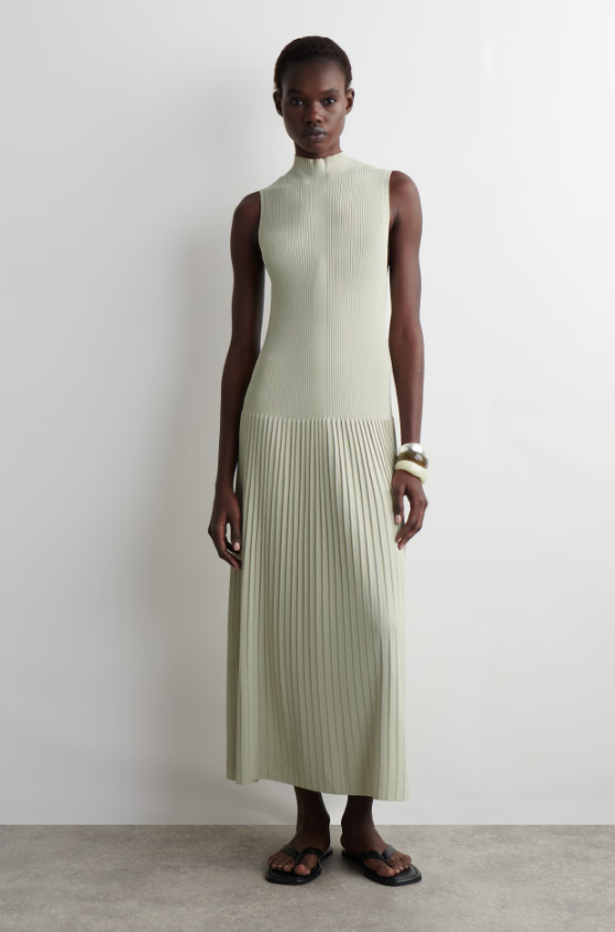 PLEATED HIGH-NECK MAXI DRESS