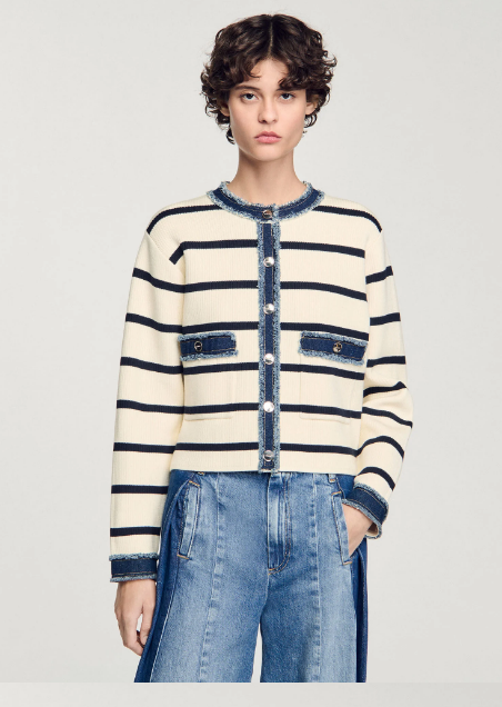 Sandro Striped cardigan with denim details