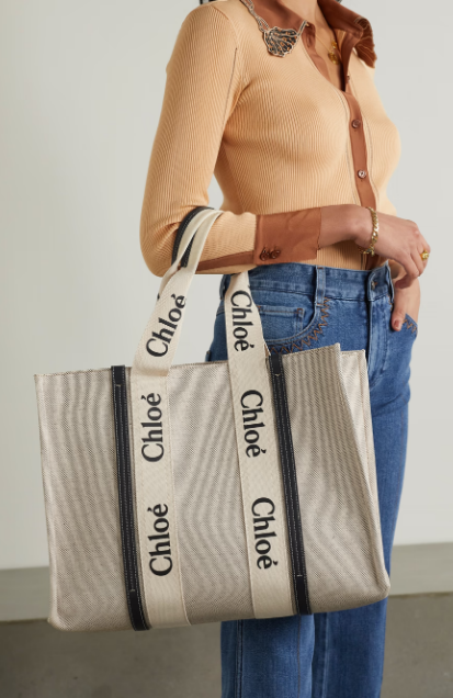CHLOÉ Woody large leather-trimmed cotton-canvas tote