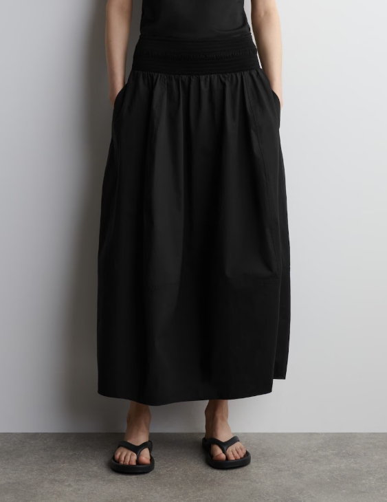 SMOCKED PANELED MIDI SKIRT