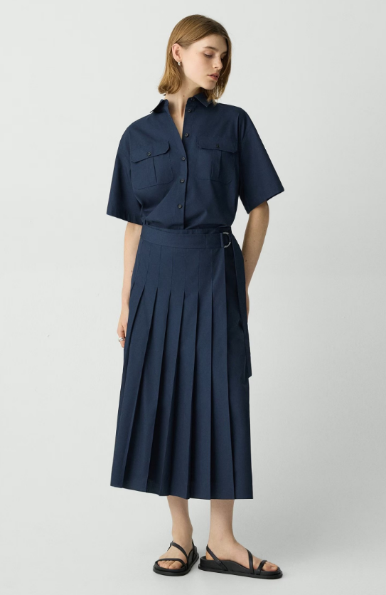 Pleated Wrap Dress in Sleek Poplin