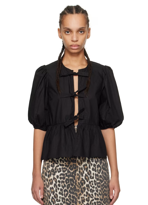 GANNI Black Cotton Poplin Peplum Tie Blouse