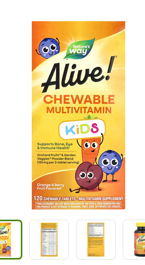 Nature's Way, Alive!® 키즈, 츄어블 종합비타민, 2세 이상, 오렌지 & 베리 맛, 츄어블 정 120정