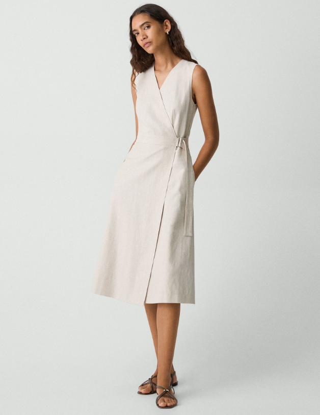 Sleeveless A-Line Wrap Dress in Striped Canvas