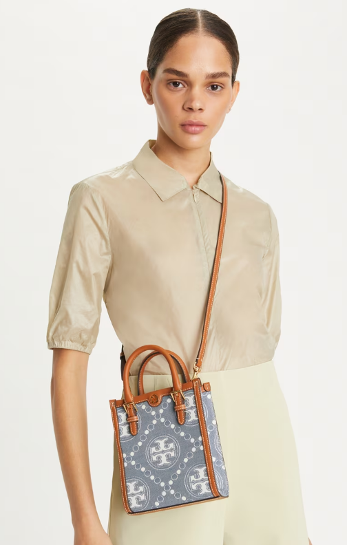 Tory Burch T Monogram Denim & Leather Mini N/S Tote