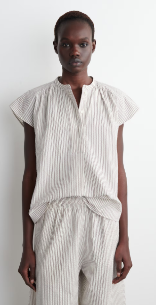STRIPED SEERSUCKER FLARED-SLEEVE BLOUSE