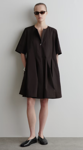 PLEATED ZIP-UP COTTON MINI DRESS