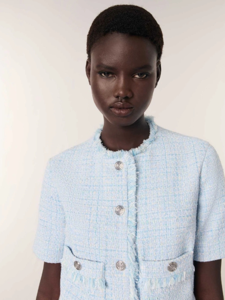 Cropped short sleeve tweed jacket