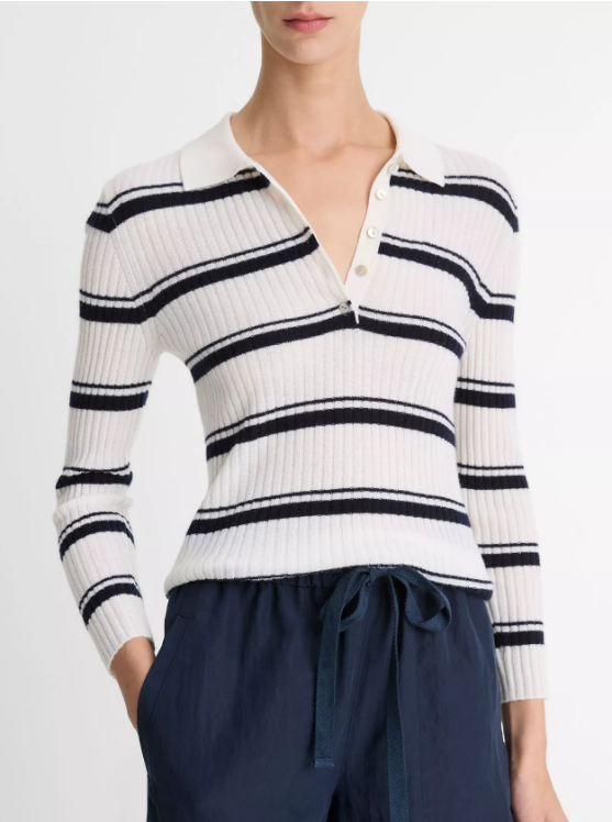 Striped Cashmere-Blend Polo Sweater