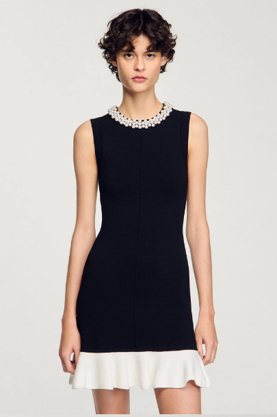 Mini knit dress with beaded neck