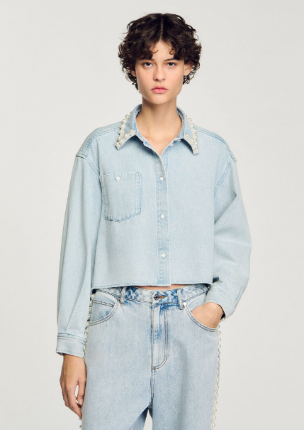 Denim shirt with beaded collar
