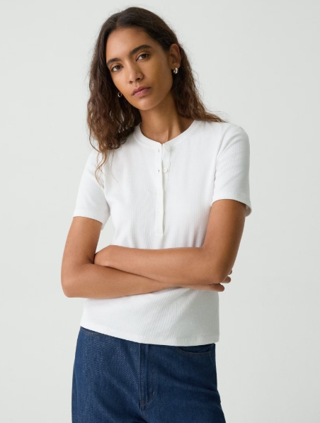 Ribbed Henley Top in Compact Stretch Knit