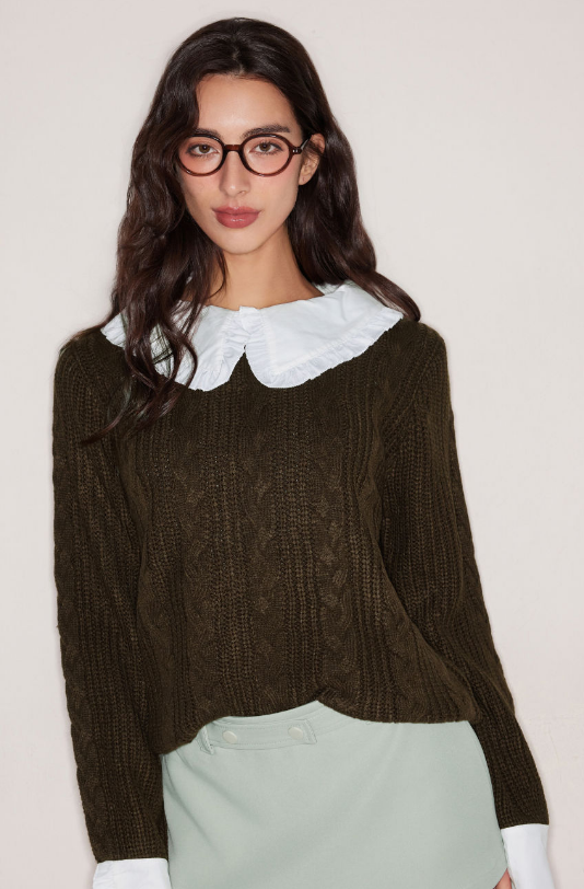 12만원이상 25% Babydoll Collar Cable Knit Faux Two-Piece Long Sleeve Sweater