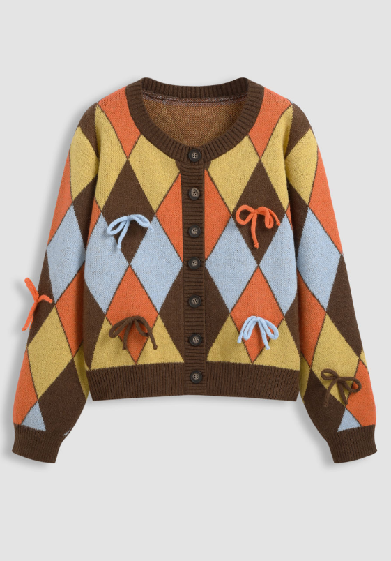12만원이상 25% Knit Argyle Bowknot Contrasting Binding Cardigan