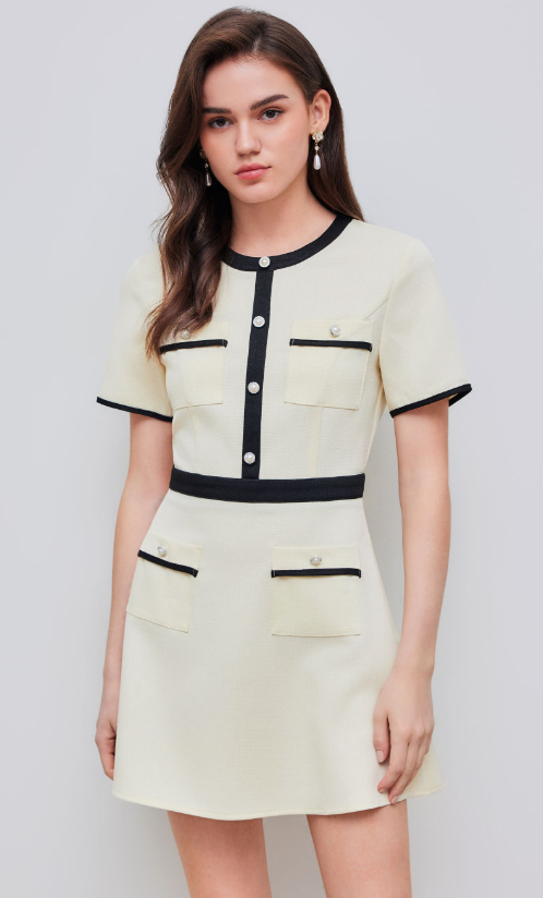 12만원이상 25% Tweed Round Neckline Contrasting Binding Pearl Button Mini Dress