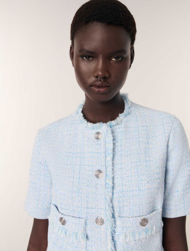 Cropped short sleeve tweed jacket