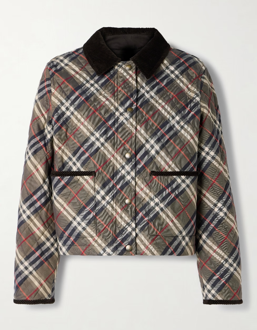 BURBERRY Corduroy-trimmed quilted checked cotton jacket