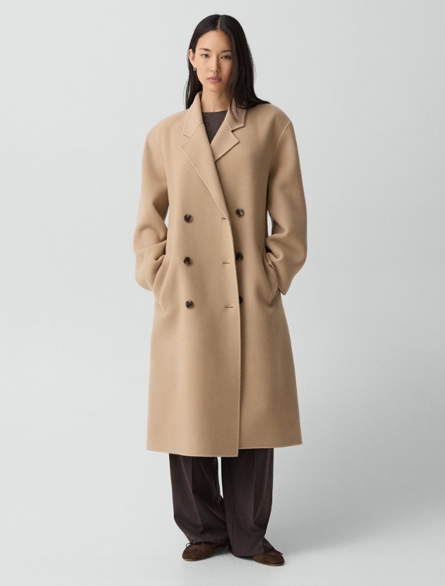 Long Belted Trench Coat in Textured Wool-Cashmere