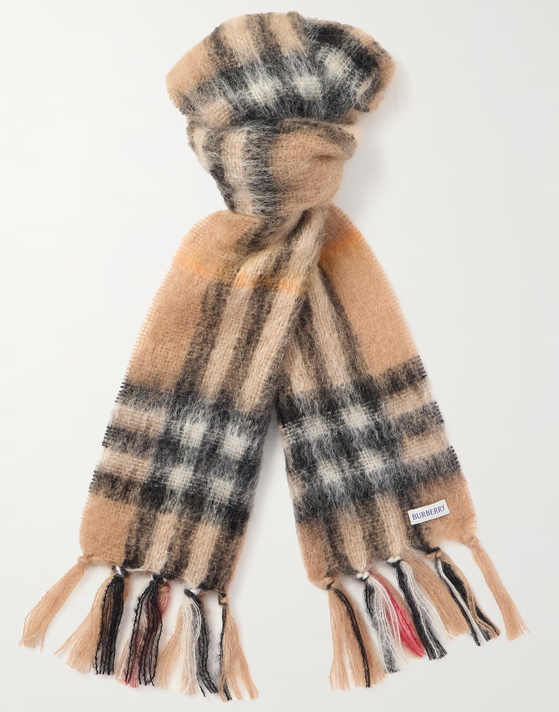 BURBERRY Fringed Checked Mohair-Blend Scarf