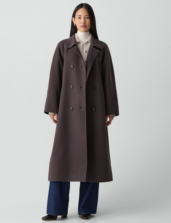 Long Double-Breasted Coat in Textured Wool-Cashmere