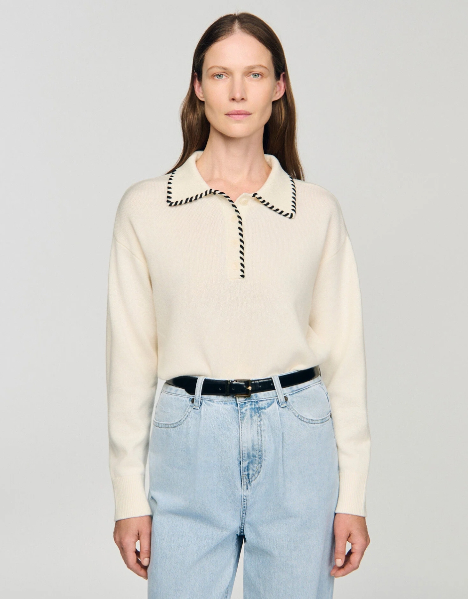 SANDRO Contrast polo-neck knit sweater